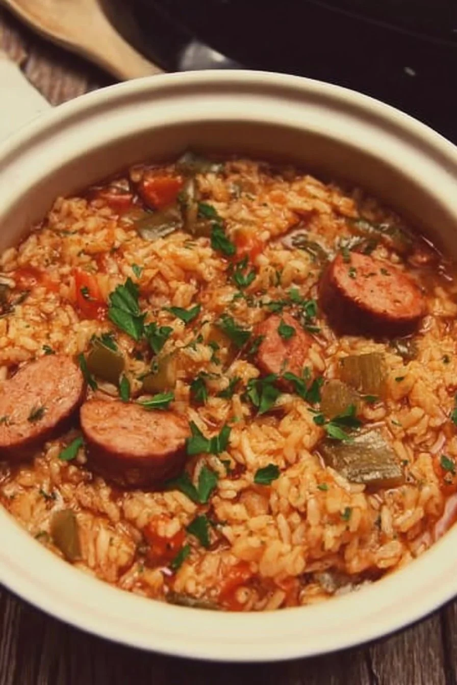 Delicious Crock Pot Jambalaya ready to serve with shrimp, sausage, and spices