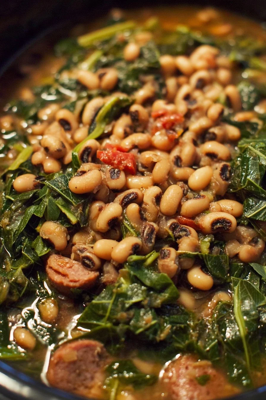 Crockpot Black Eyed Peas with Collard Greens served in a bowl