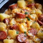 Crockpot cheesy potatoes with kielbasa served in a bowl, topped with cheese and herbs.