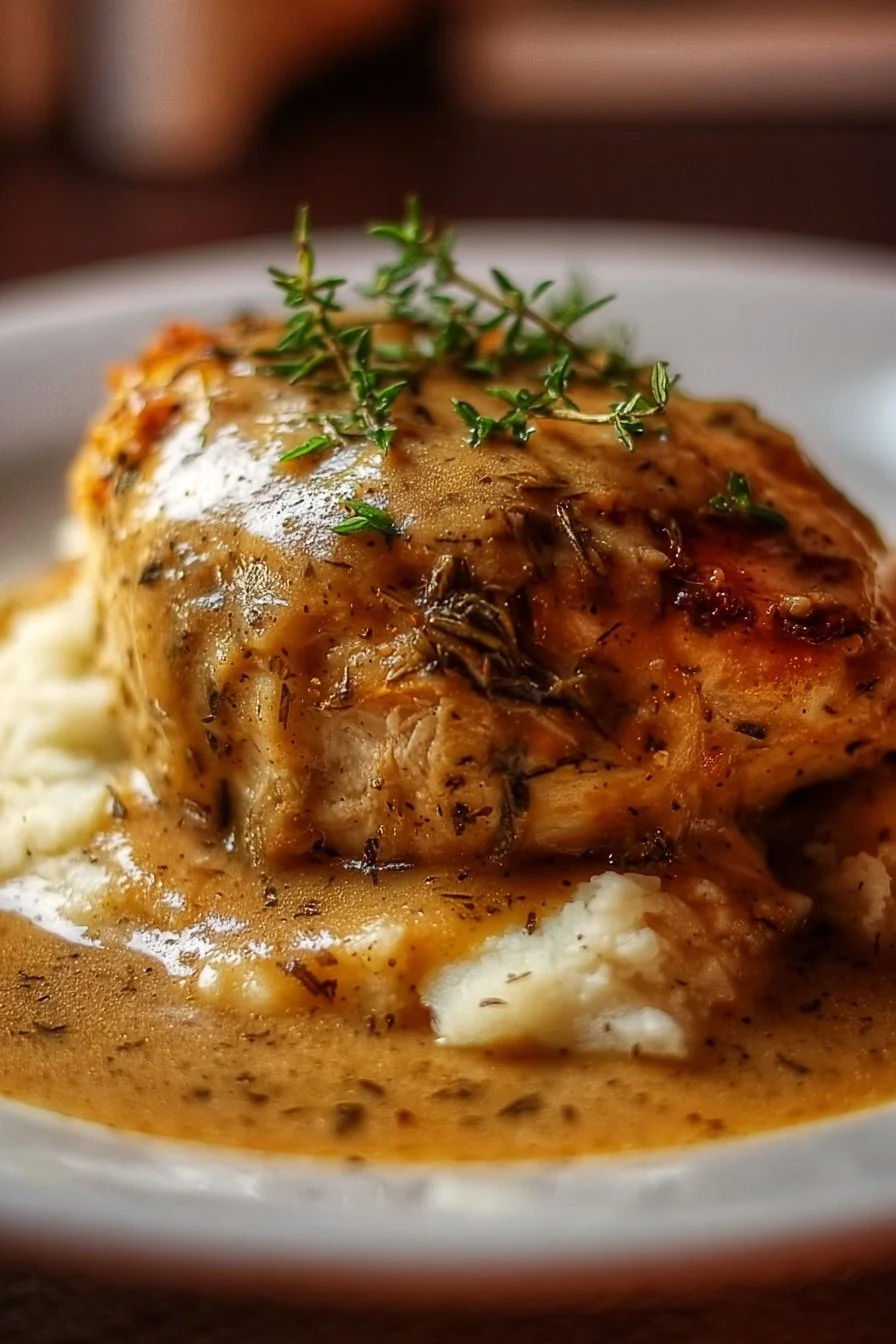 Crockpot Chicken and Gravy served with fresh herbs