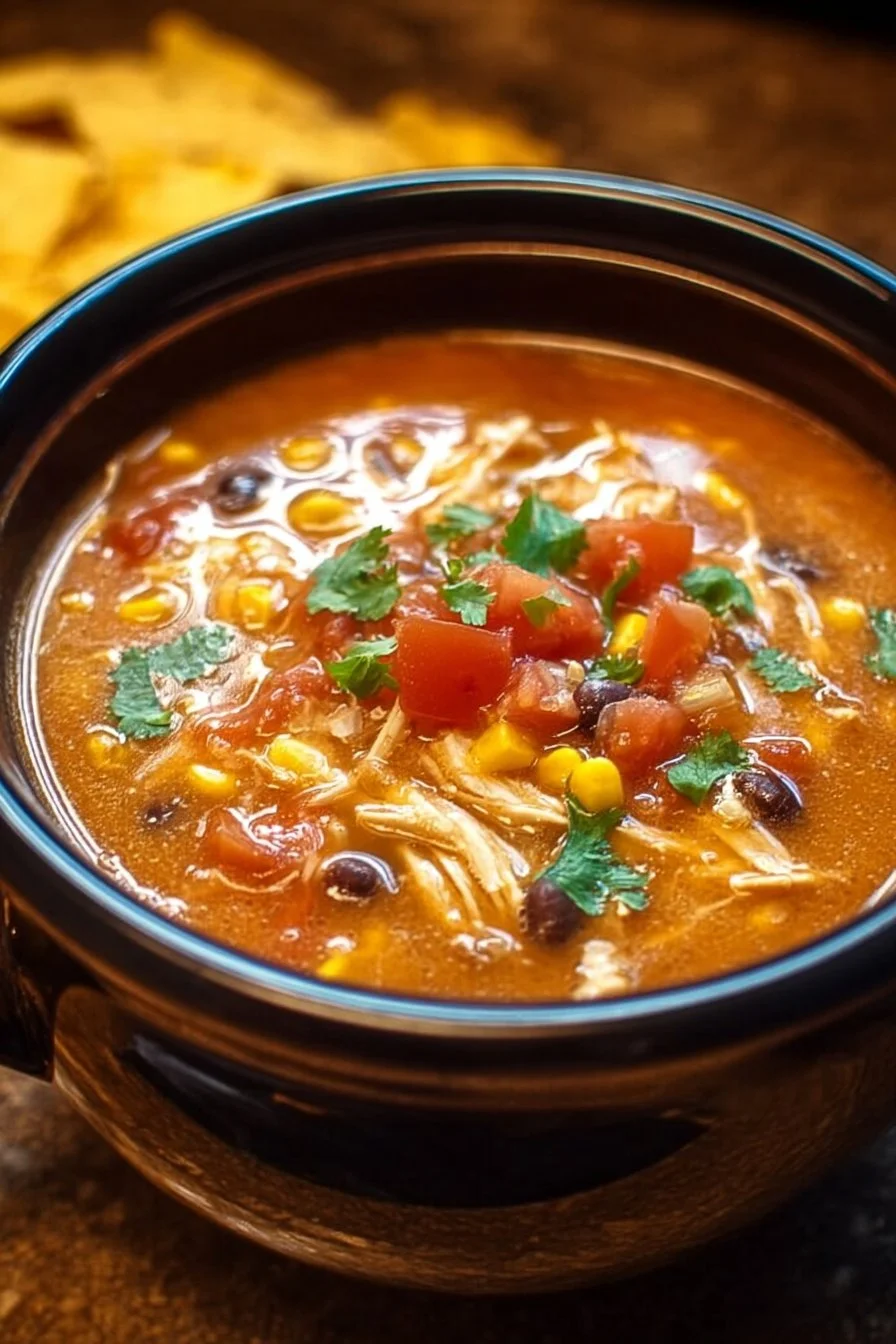 Crockpot Chicken Tortilla Soup in a bowl with toppings