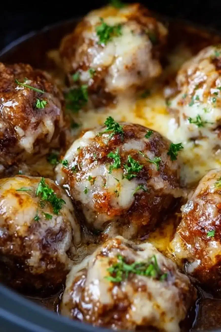 Delicious Crockpot French Onion Meatballs served in a bowl with melted cheese.
