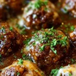 Crockpot French Onion Meatballs served in a savory sauce with melted cheese