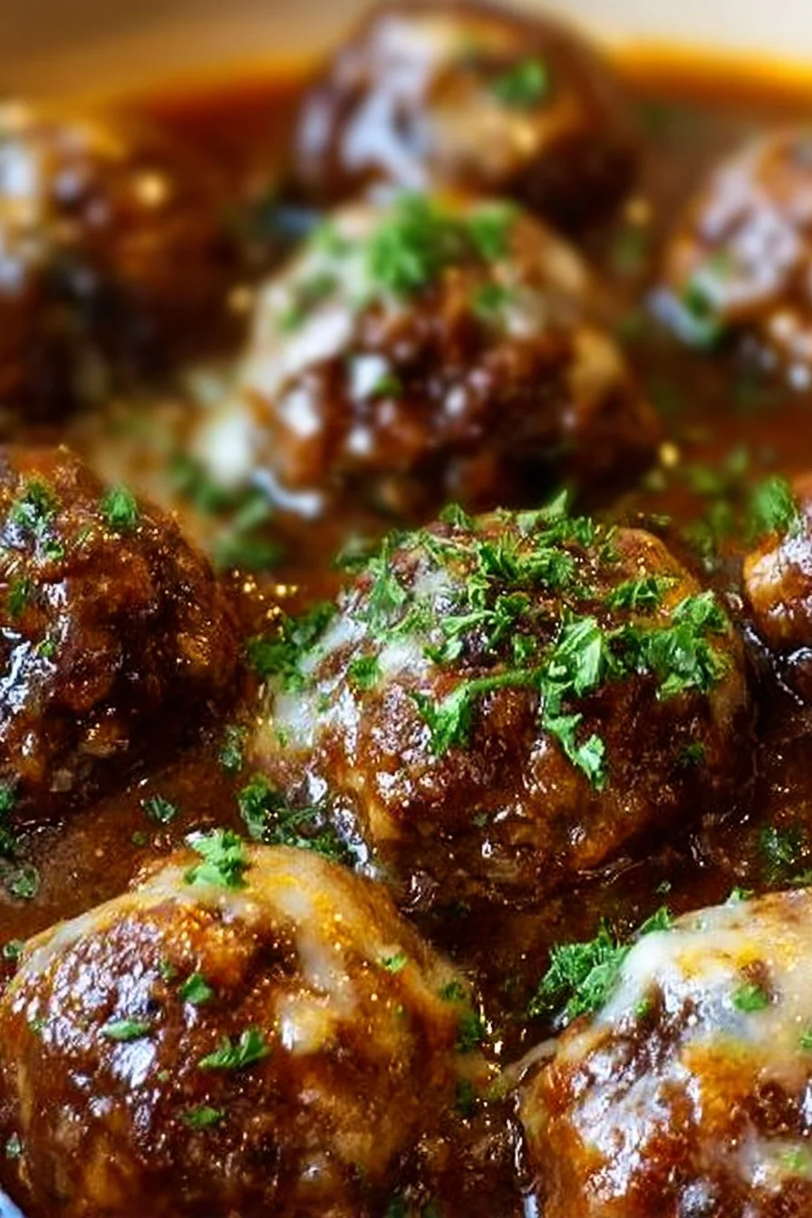 Crockpot French Onion Meatballs served in a savory sauce with melted cheese