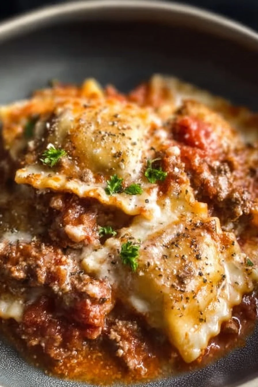 Delicious Crockpot Ravioli Lasagna served with fresh herbs in a cozy dining setting.