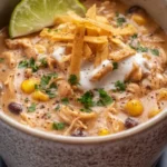 Creamy crockpot white chicken chili with cream cheese ready to serve in a bowl.