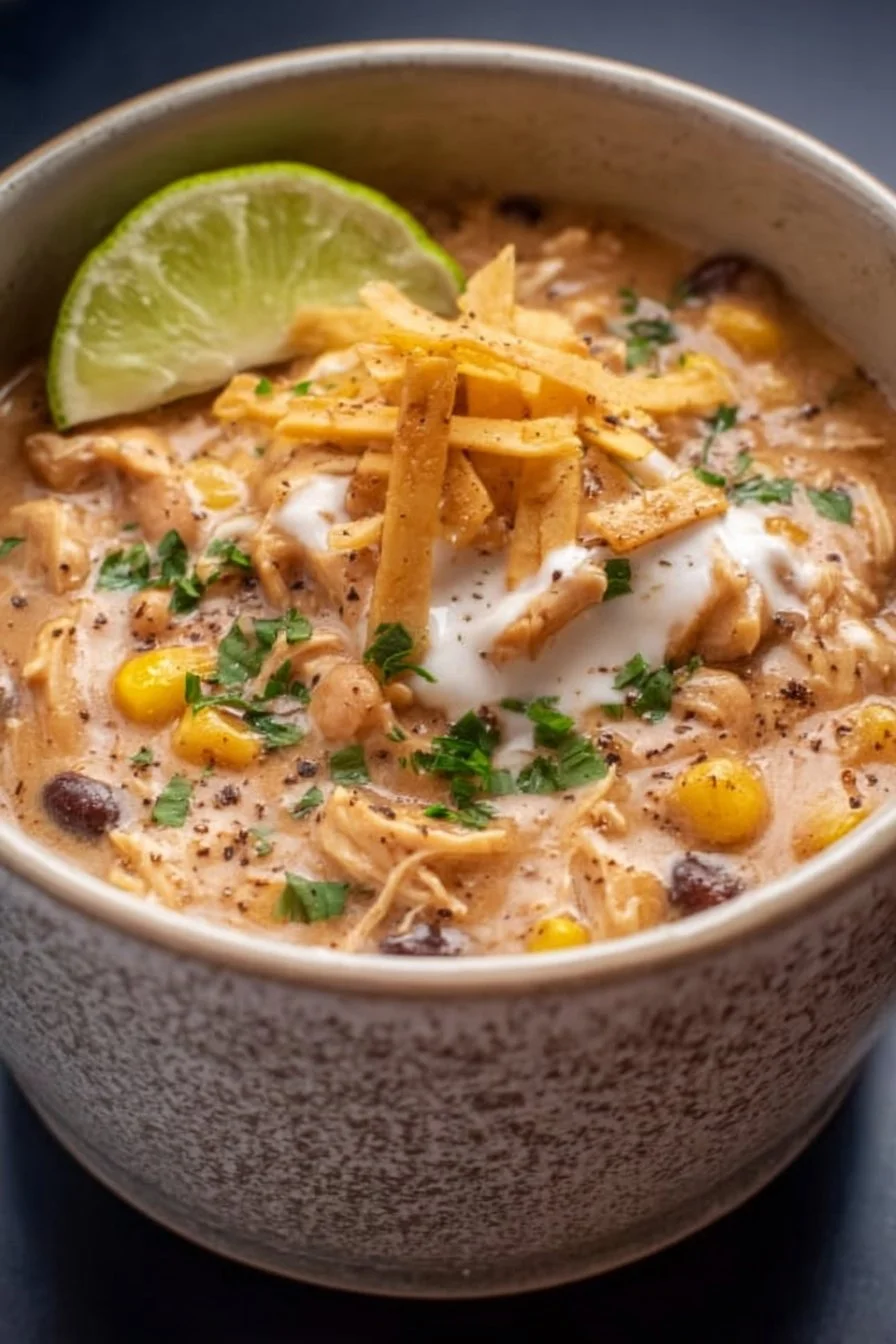 Creamy crockpot white chicken chili with cream cheese ready to serve in a bowl.