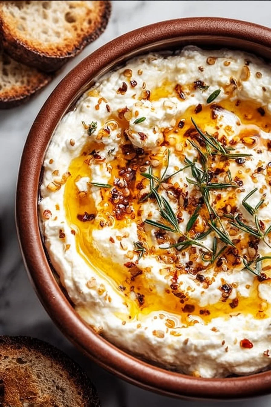 Delicious ricotta dip topped with hot honey, served with bread for dipping.