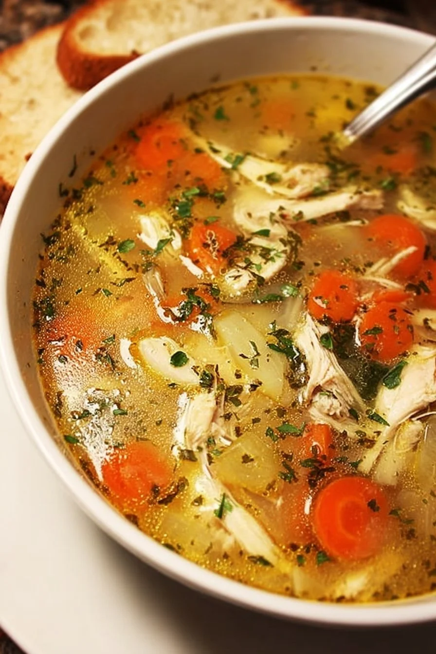 Bowl of easy and healthy homemade chicken soup with vegetables and herbs