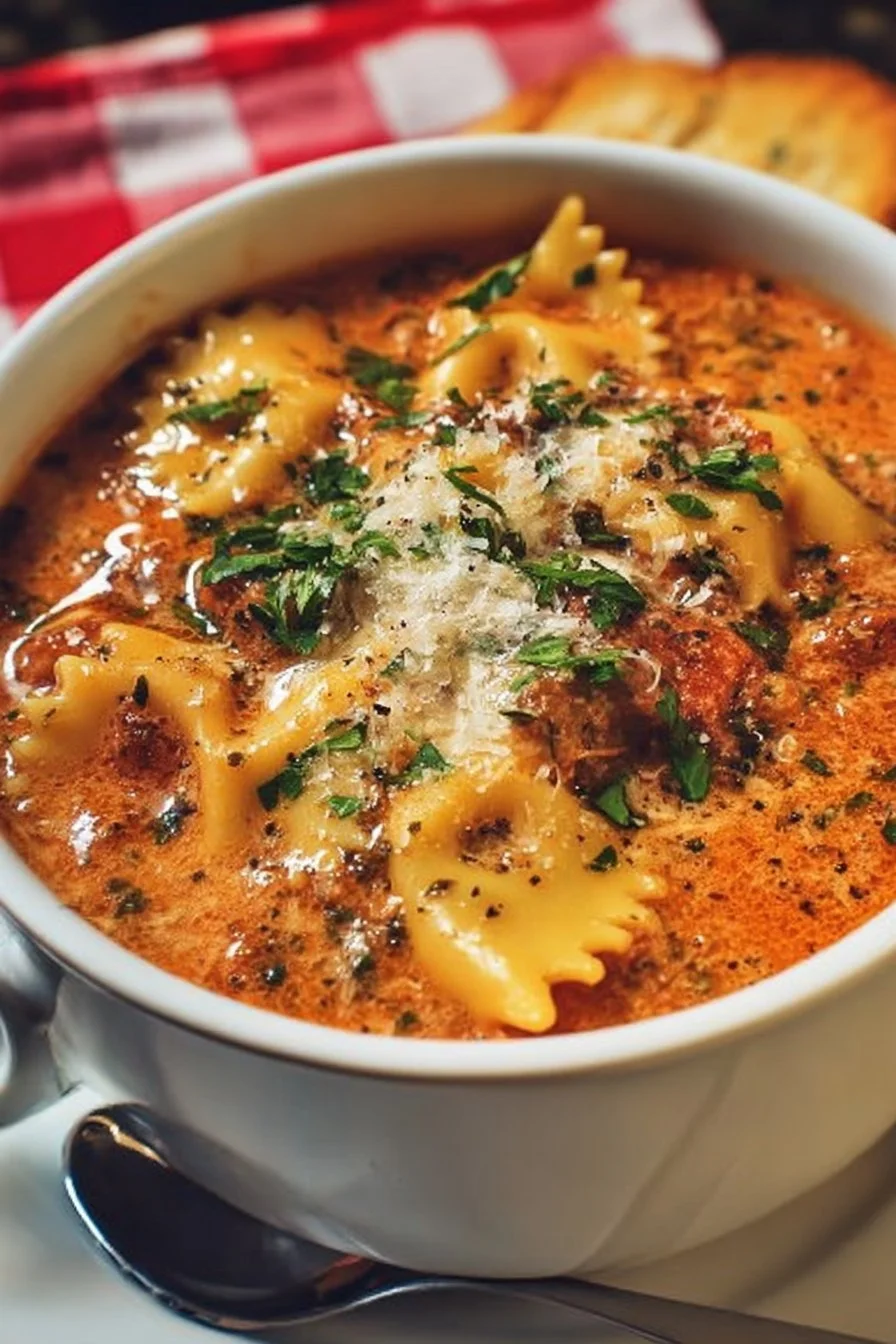 Bowl of Easy Creamy Lasagna Soup topped with cheese and herbs