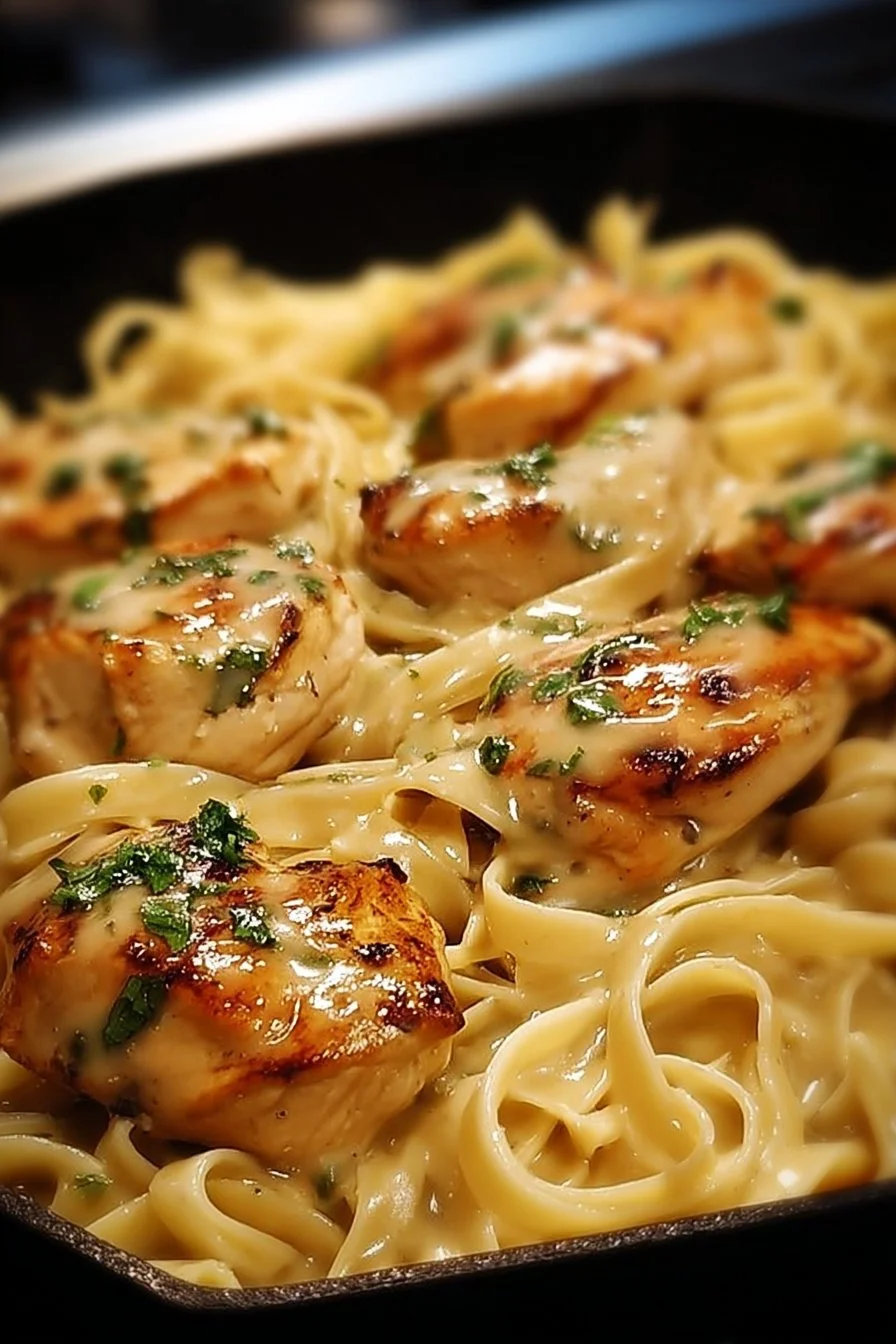 Easy one-pan chicken dish with buttered noodles on a plate