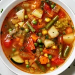 Bowl of easy vegetable soup garnished with herbs and fresh vegetables