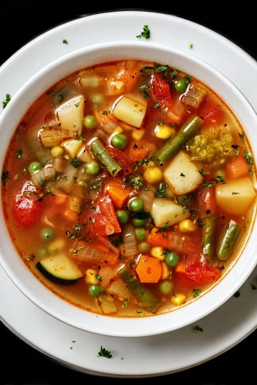 Bowl of easy vegetable soup garnished with herbs and fresh vegetables