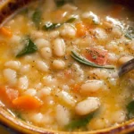 Delicious bowl of flavor-packed white bean soup with fresh herbs and vegetables.