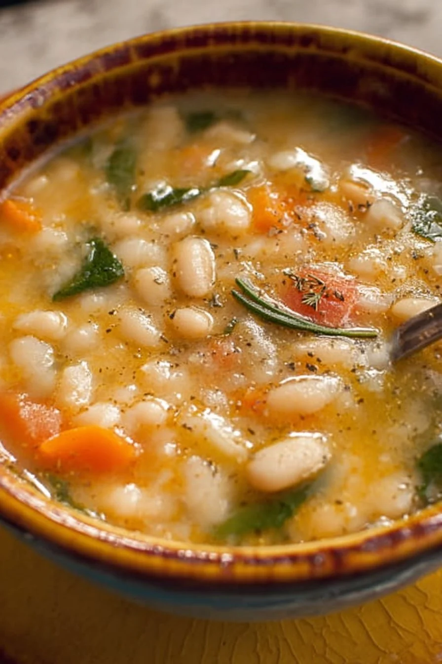 Delicious bowl of flavor-packed white bean soup with fresh herbs and vegetables.