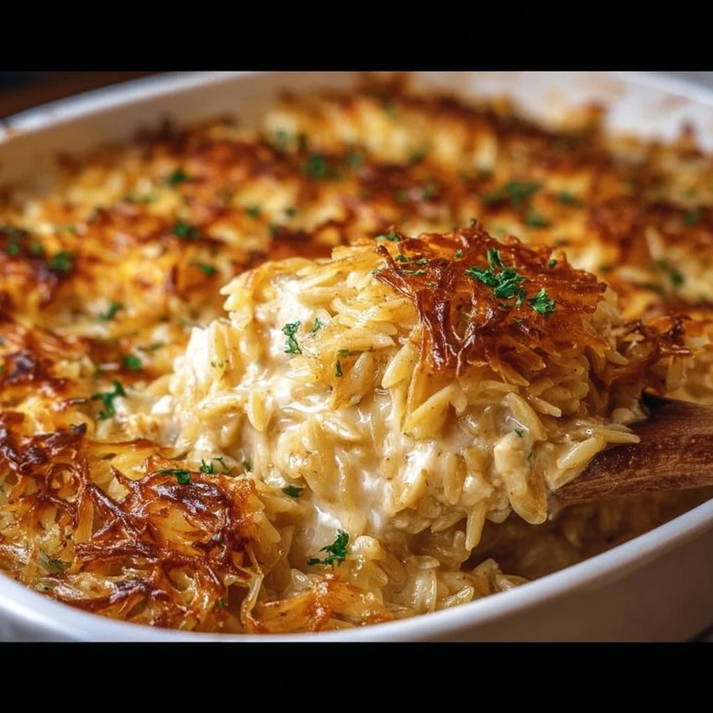 Delicious French onion chicken orzo casserole served in a dish