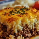 Delicious French Onion Ground Beef and Rice Casserole served in a baking dish