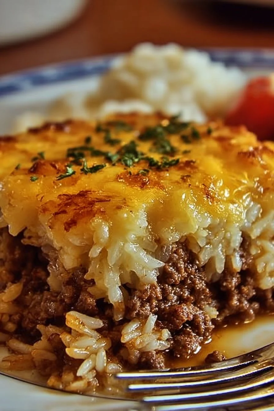 Delicious French Onion Ground Beef and Rice Casserole served in a baking dish
