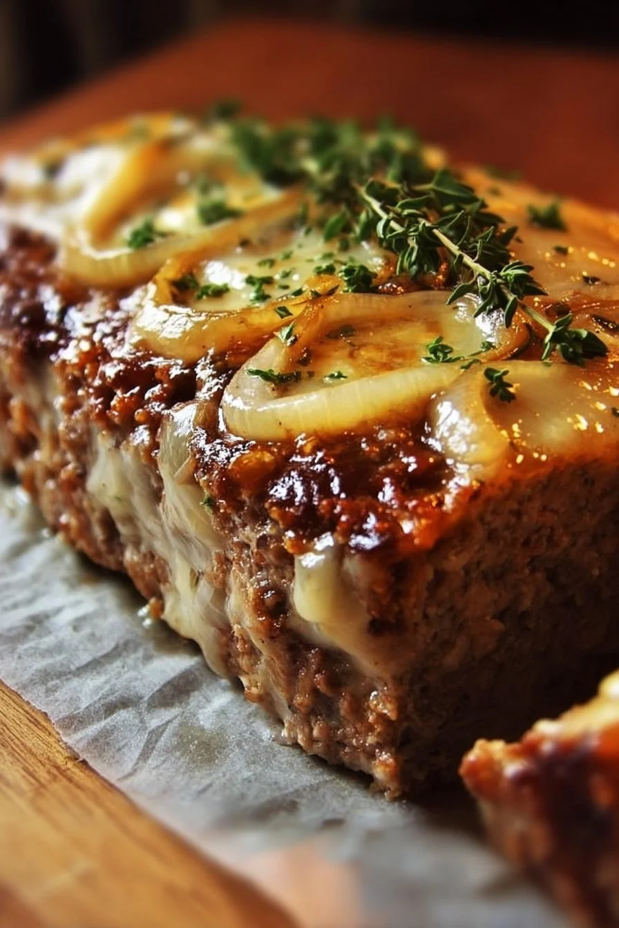 Delicious French Onion Meatloaf topped with melted cheese and caramelized onions