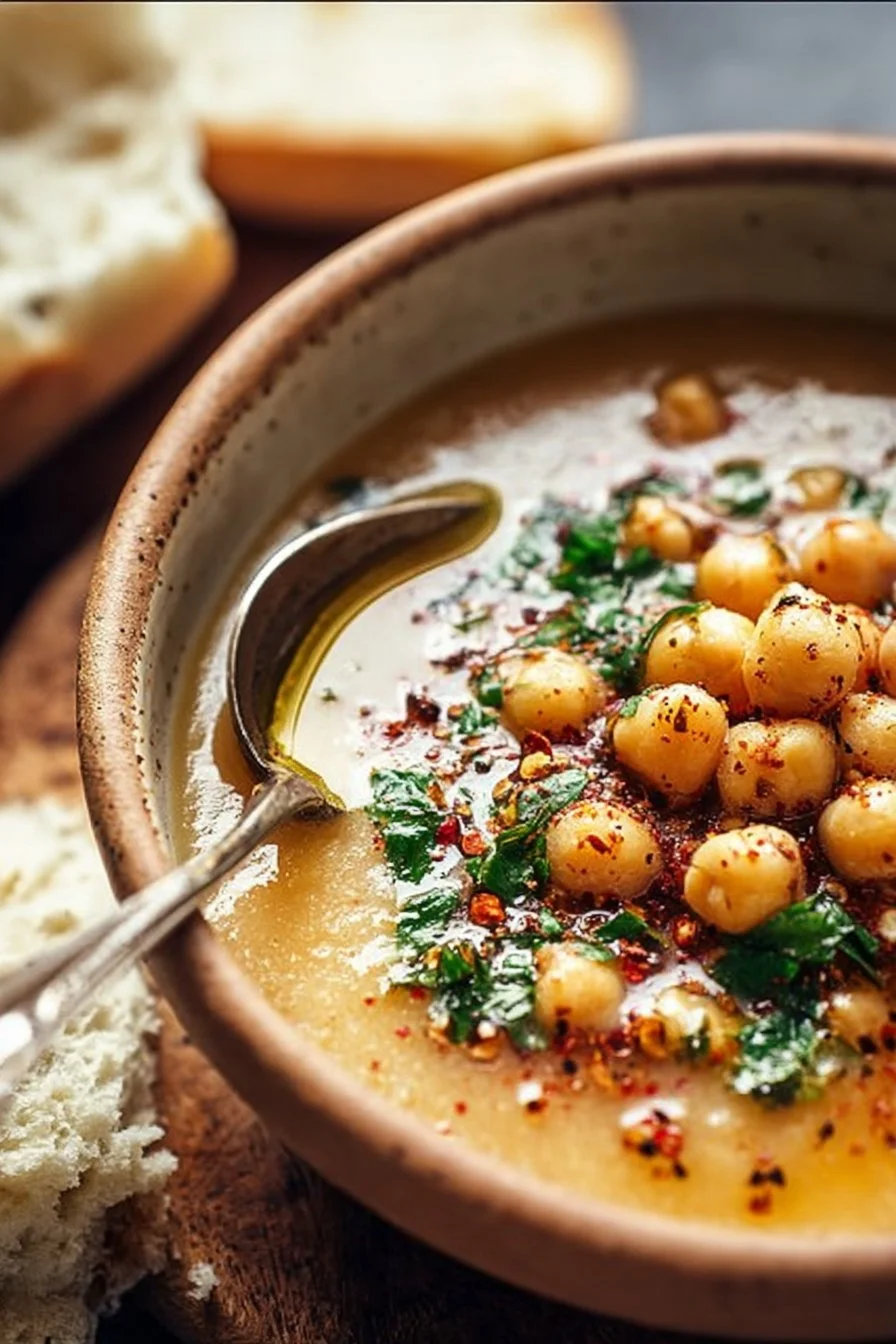 Delicious bowl of Garlic Chickpea Soup garnished with fresh herbs.