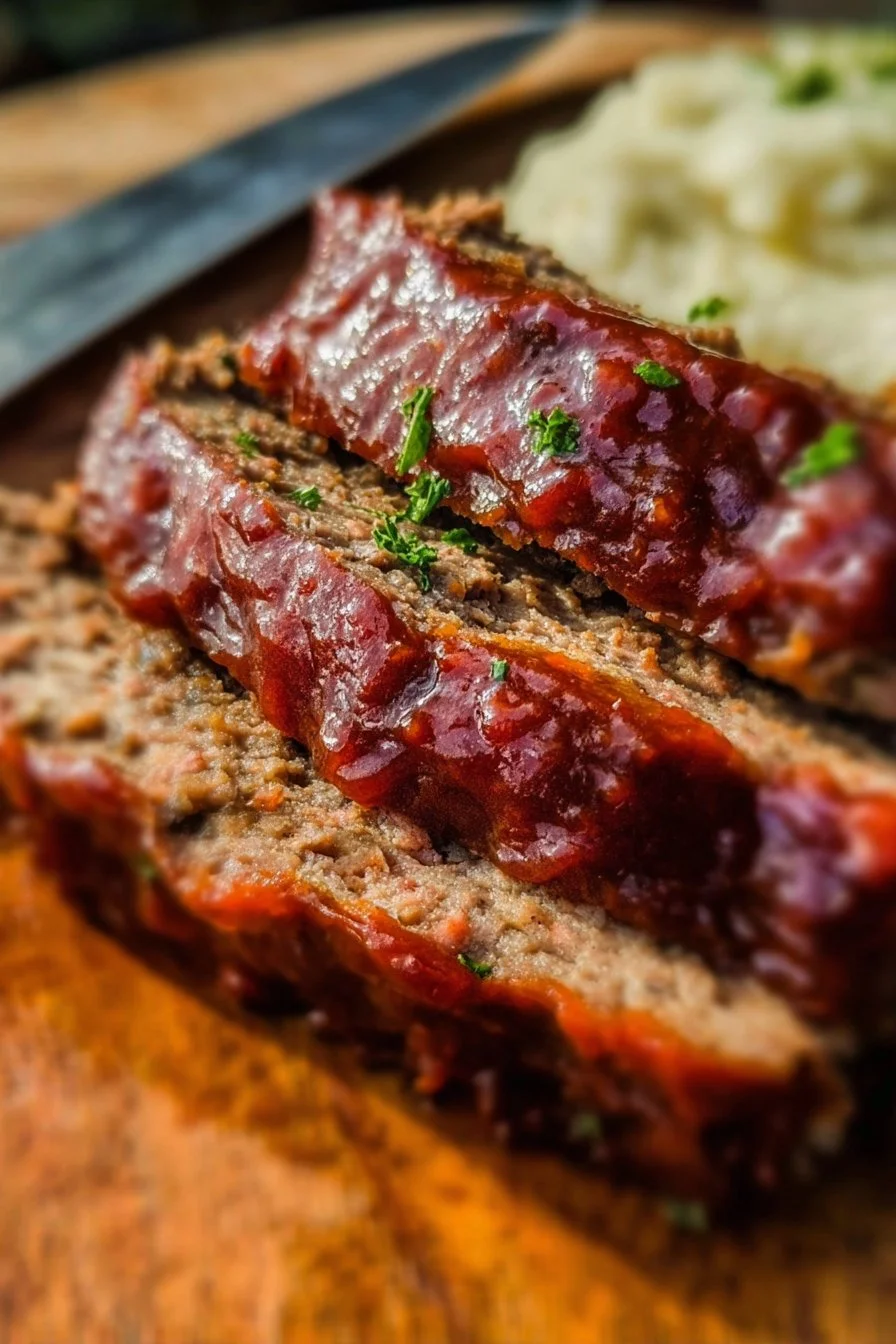 Delicious homemade meatloaf served with mashed potatoes and green beans