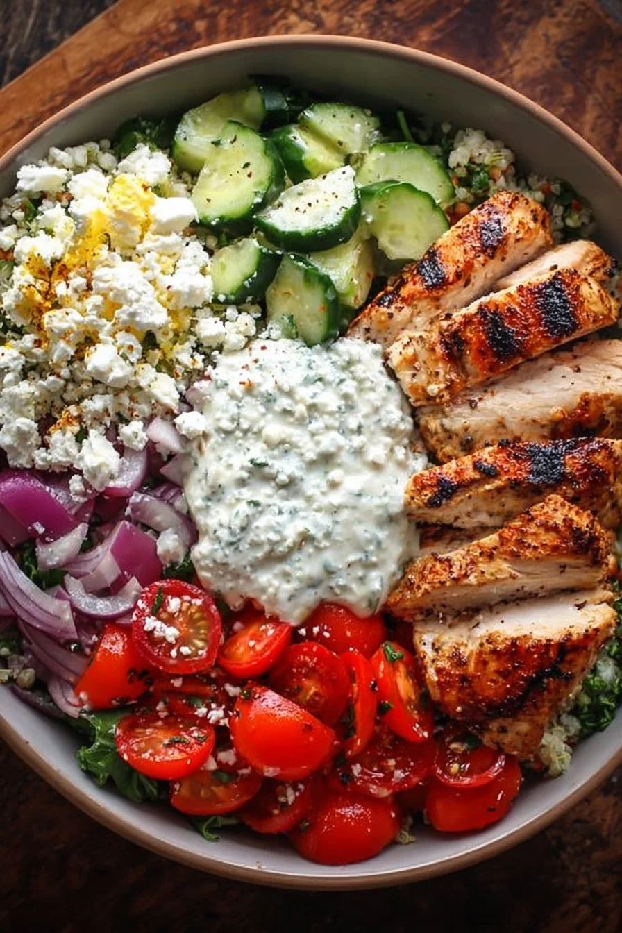 Delicious Greek Chicken Bowl with fresh vegetables and herbs