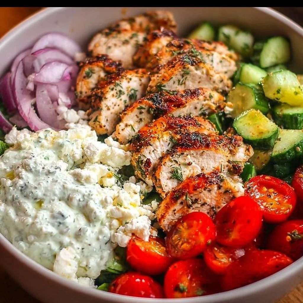 Delicious Greek Chicken Bowls with fresh vegetables and flavorful dressing