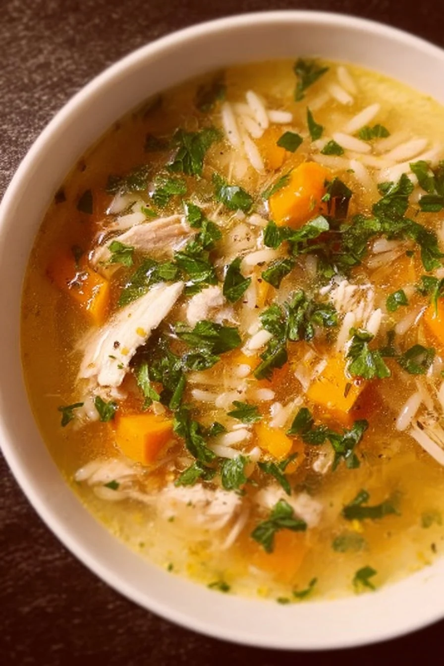 Bowl of Greek Lemon Chicken Soup garnished with fresh herbs