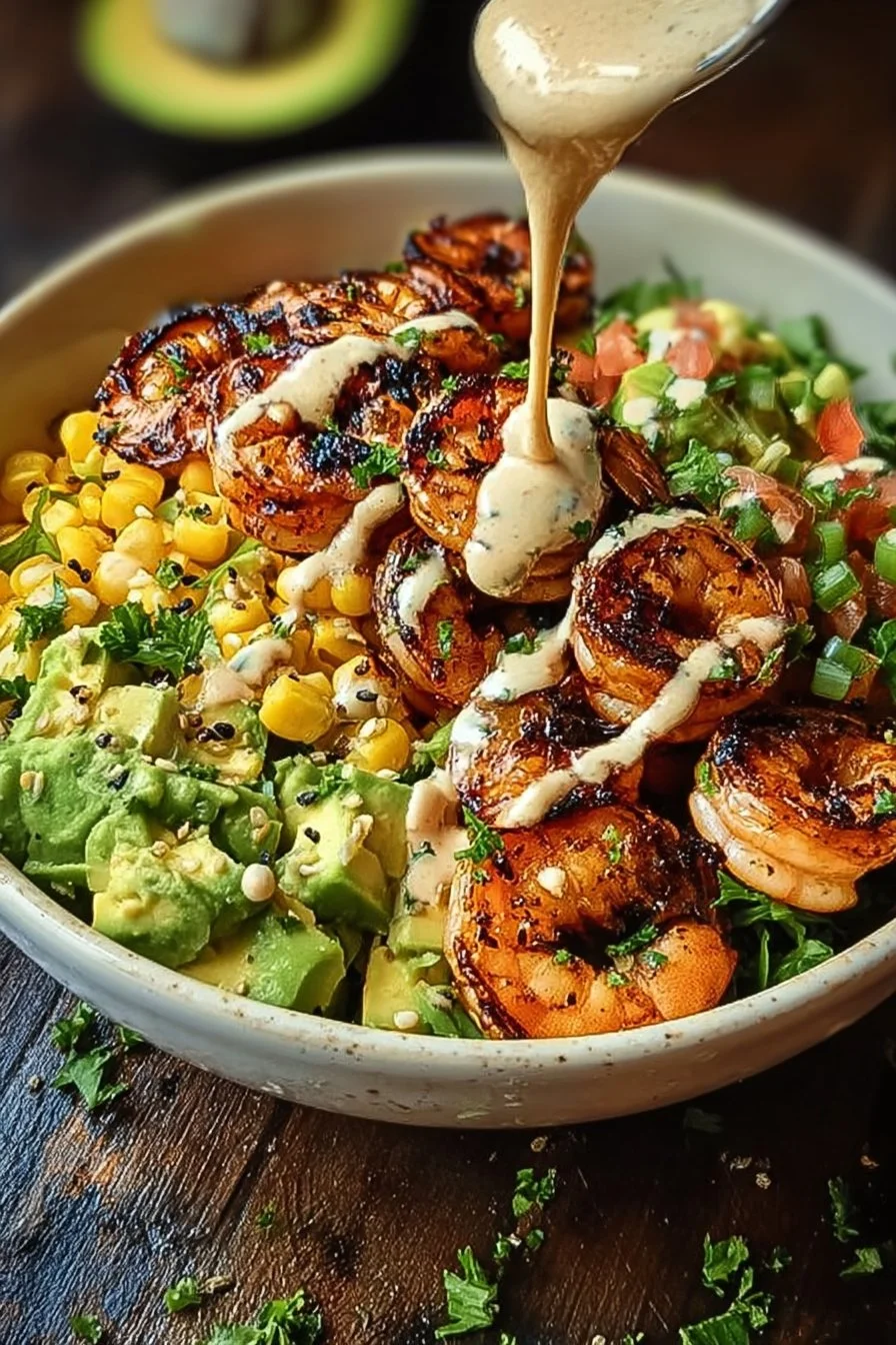 Grilled shrimp bowl with avocado, corn salsa, and creamy garlic sauce