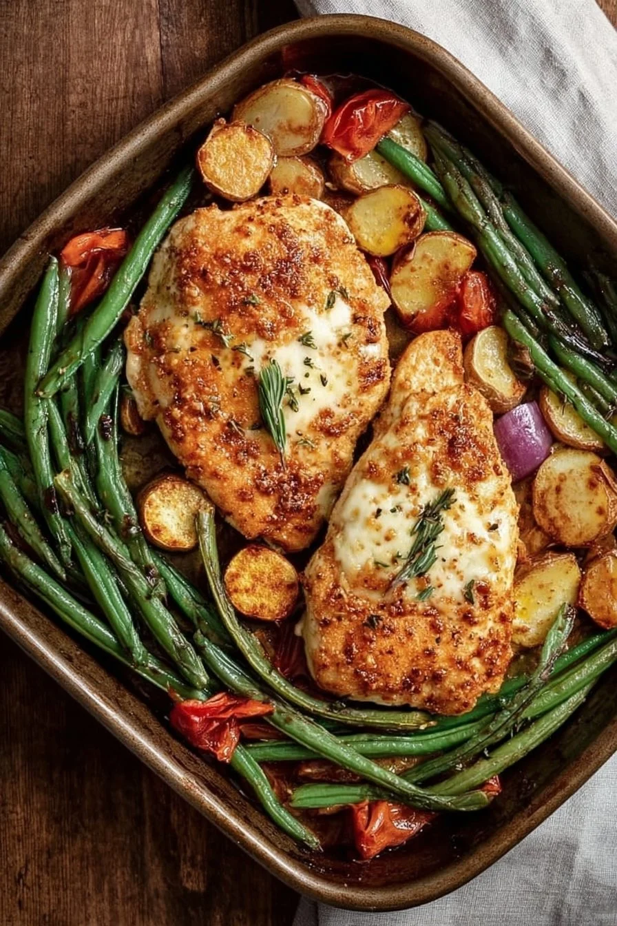 Healthy chicken parmesan served with roasted vegetables