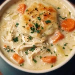 Bowl of healthy chicken pot pie soup garnished with herbs and vegetables