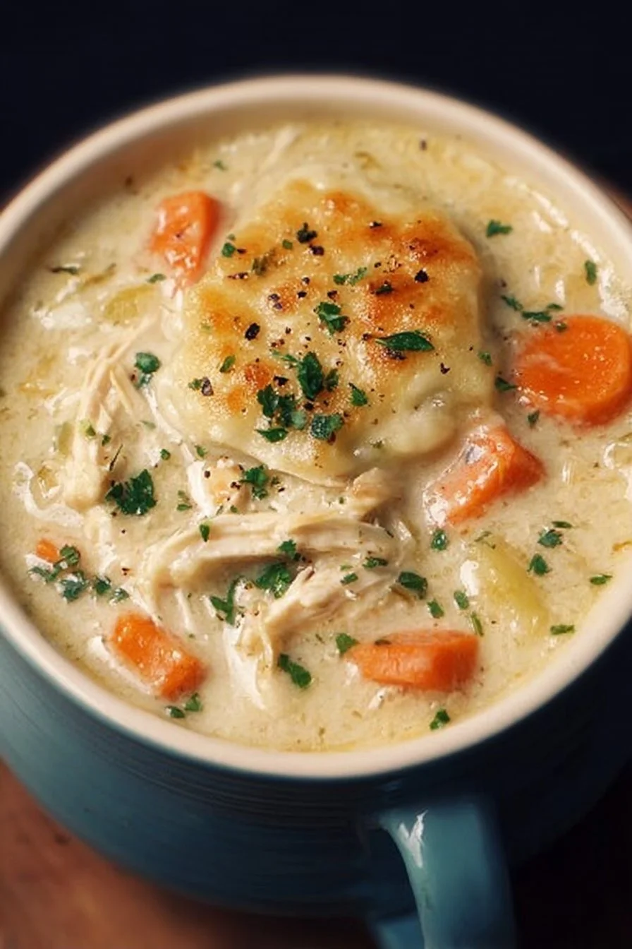 Bowl of healthy chicken pot pie soup garnished with herbs and vegetables