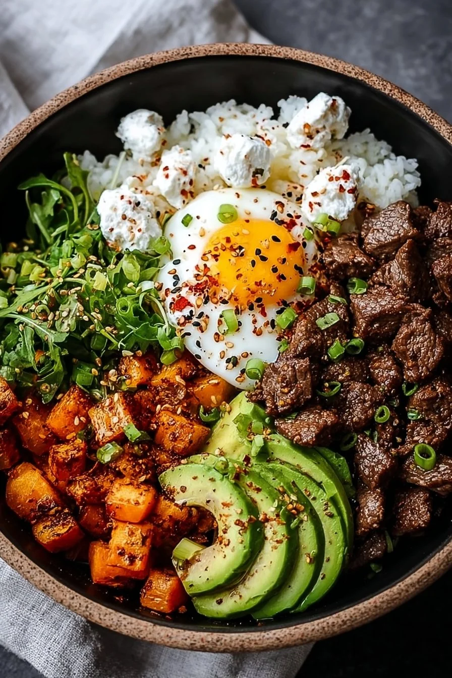 High protein beef bowls filled with fresh ingredients and vibrant colors.