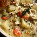 Bowl of high protein chicken pot pie soup garnished with herbs