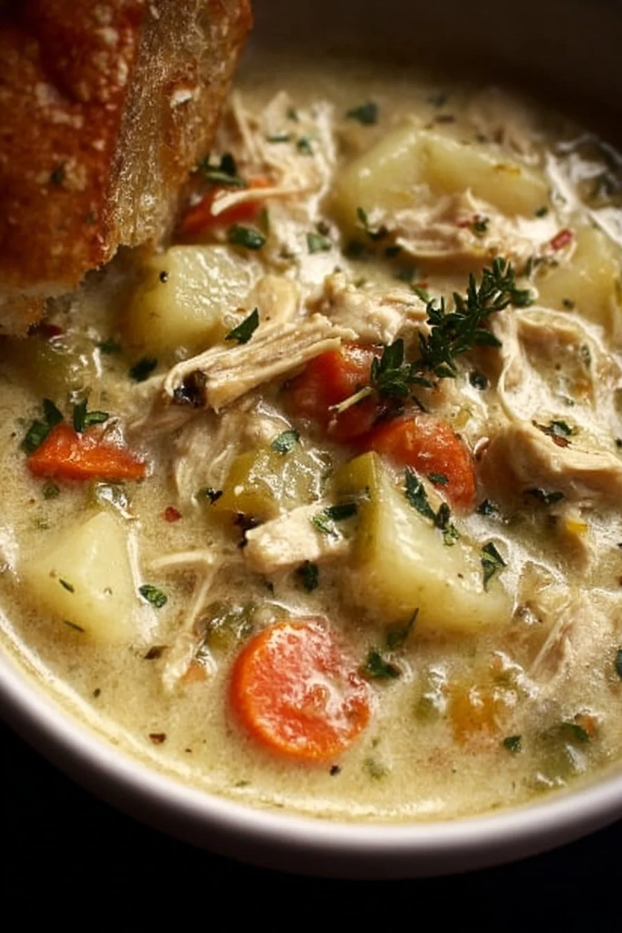 Bowl of high protein chicken pot pie soup garnished with herbs