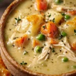 High Protein Chicken Pot Pie Soup in a bowl with fresh vegetables