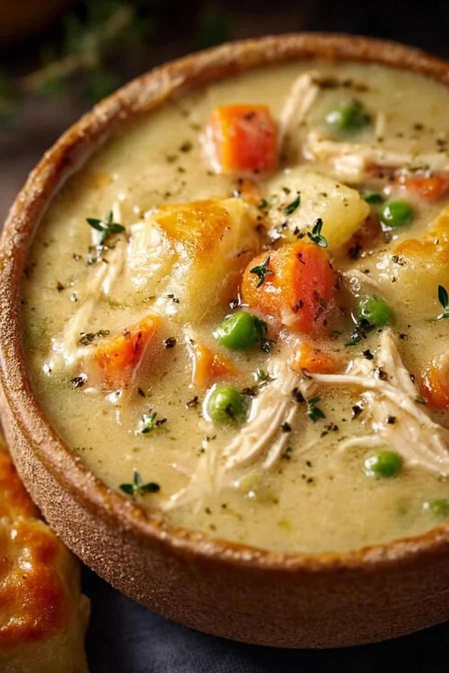 High Protein Chicken Pot Pie Soup in a bowl with fresh vegetables