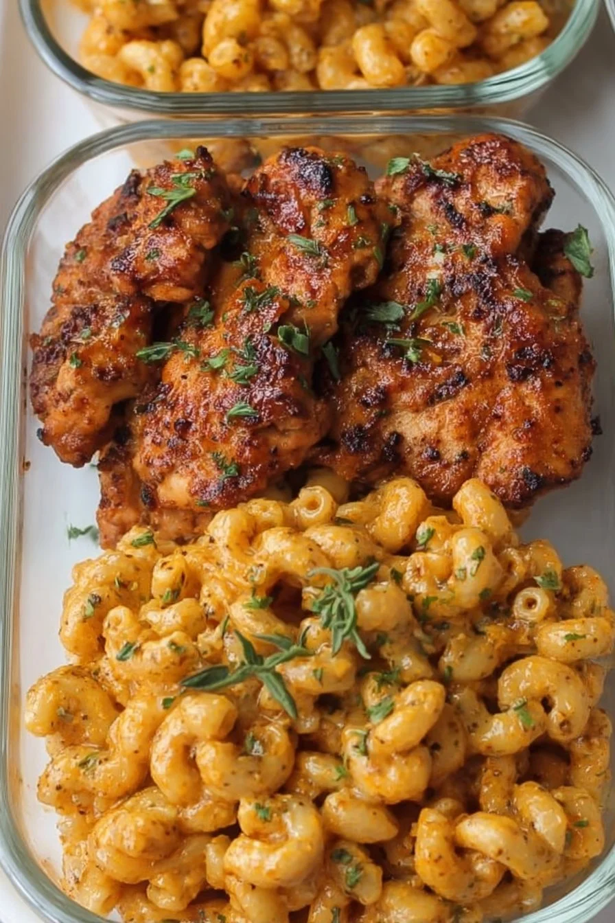 High-protein honey garlic butter chicken served with mac & cheese.