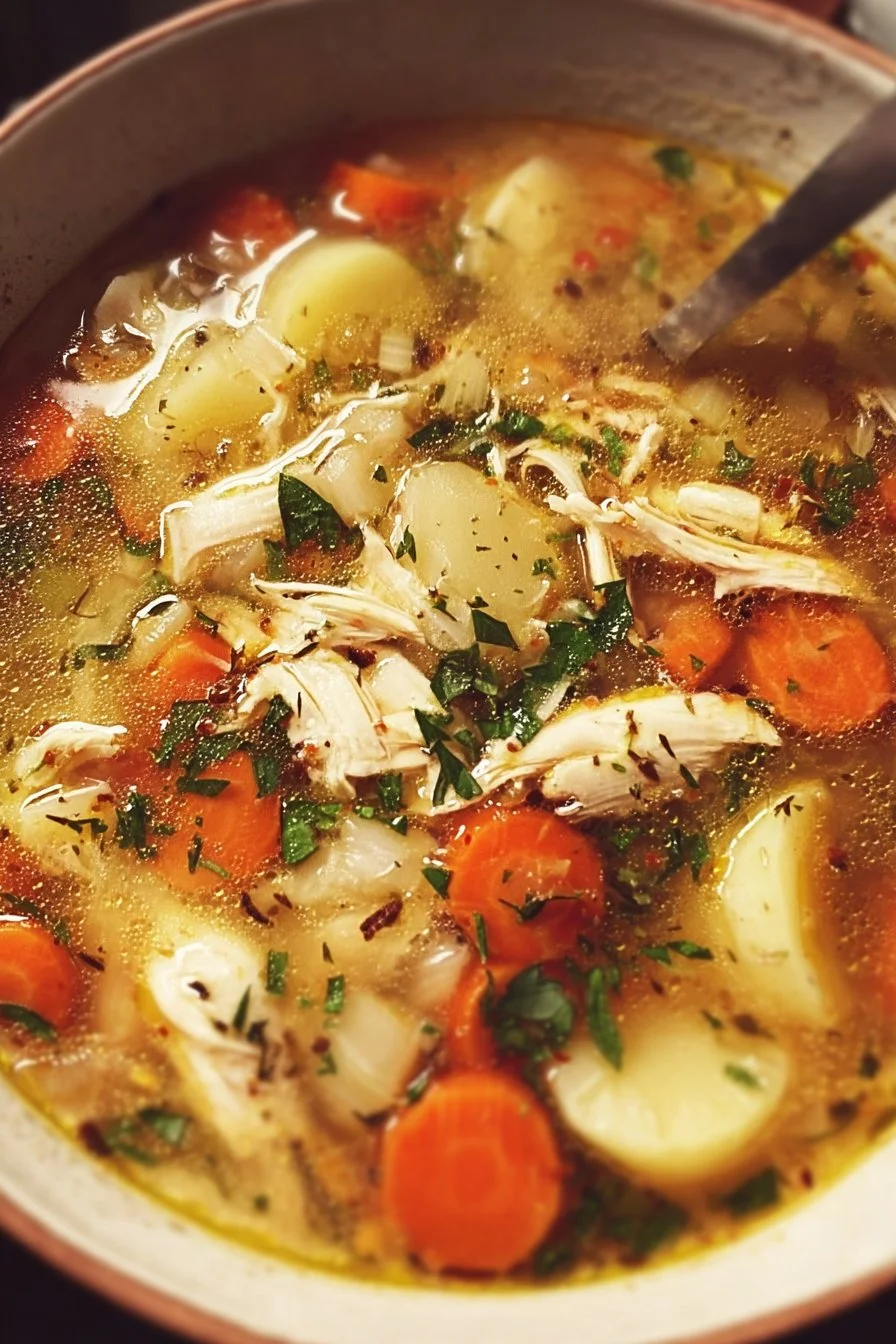 Bowl of homemade chicken soup with vegetables and chicken pieces