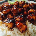 Plate of Honey BBQ Chicken served over rice with garnishes.