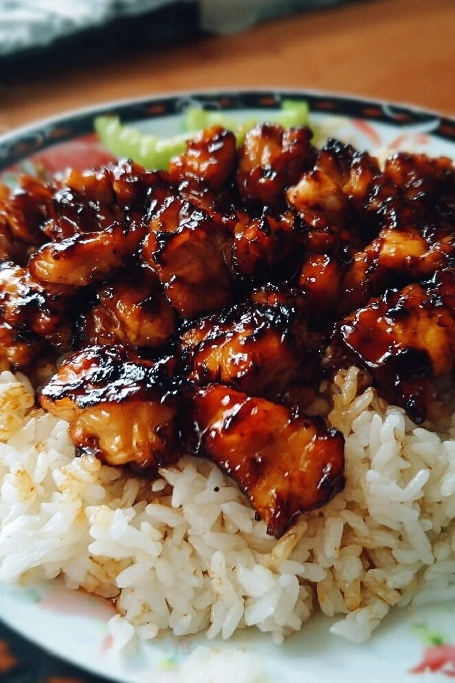 Plate of Honey BBQ Chicken served over rice with garnishes.