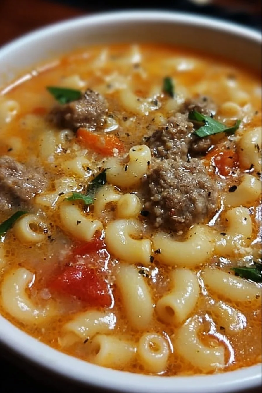 Italian Sausage and Ditalini Soup in a bowl topped with fresh herbs