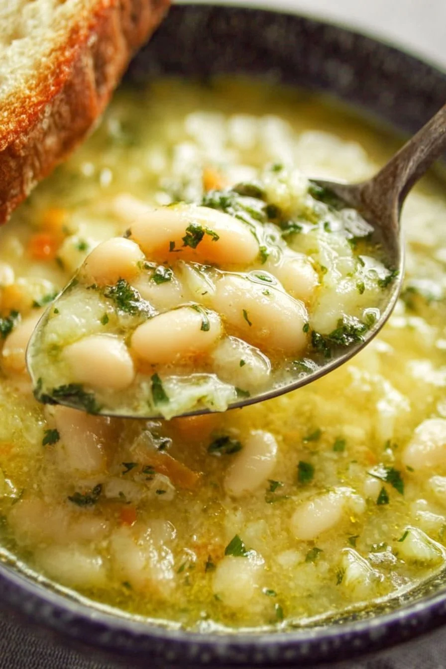Bowl of Italian White Bean Soup garnished with herbs