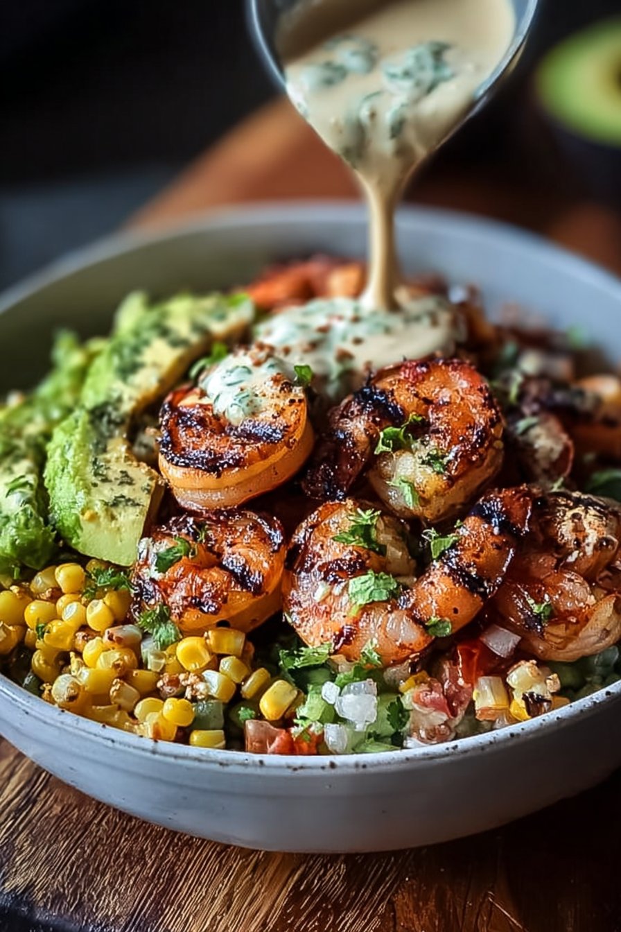 Grilled Shrimp Bowl with Avocado, Corn Salsa & Creamy Garlic Sauce