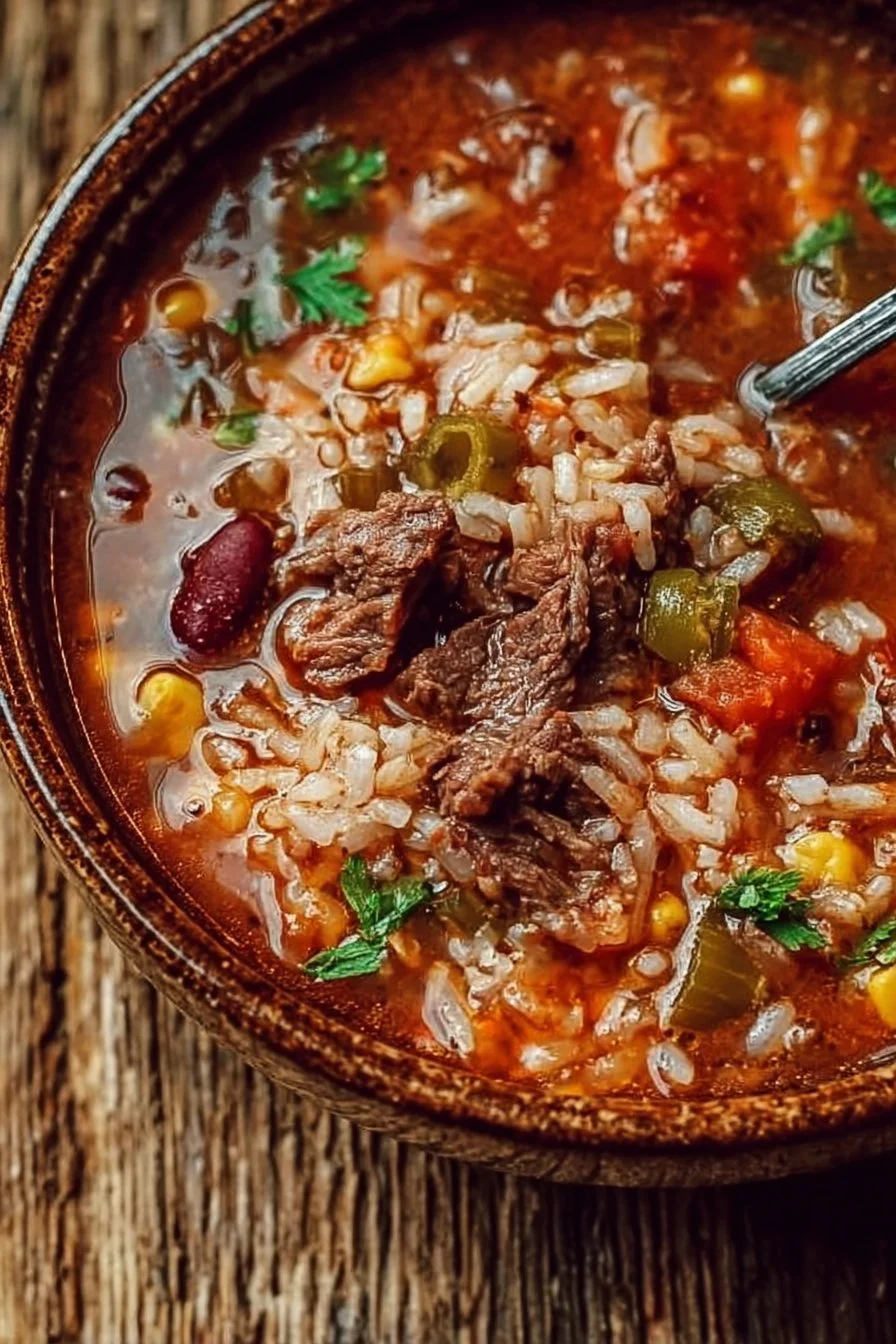Bowl of Mexican Beef and Rice Soup garnished with herbs and spices