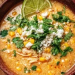 Bowls of Mexican Street Corn Soup garnished with cilantro and lime.