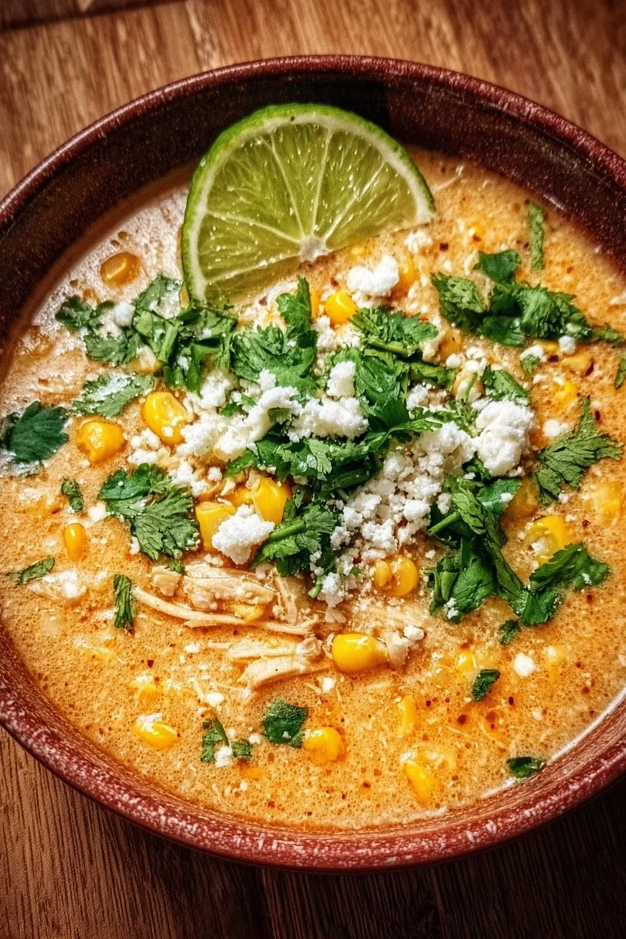 Bowls of Mexican Street Corn Soup garnished with cilantro and lime.