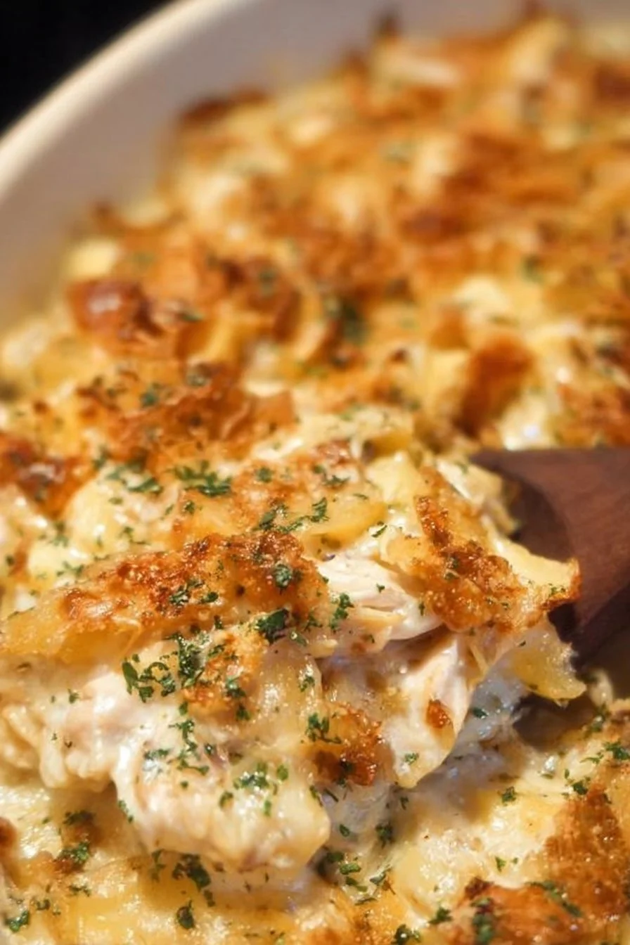 Delicious Million Dollar Chicken Casserole topped with cheese and breadcrumbs