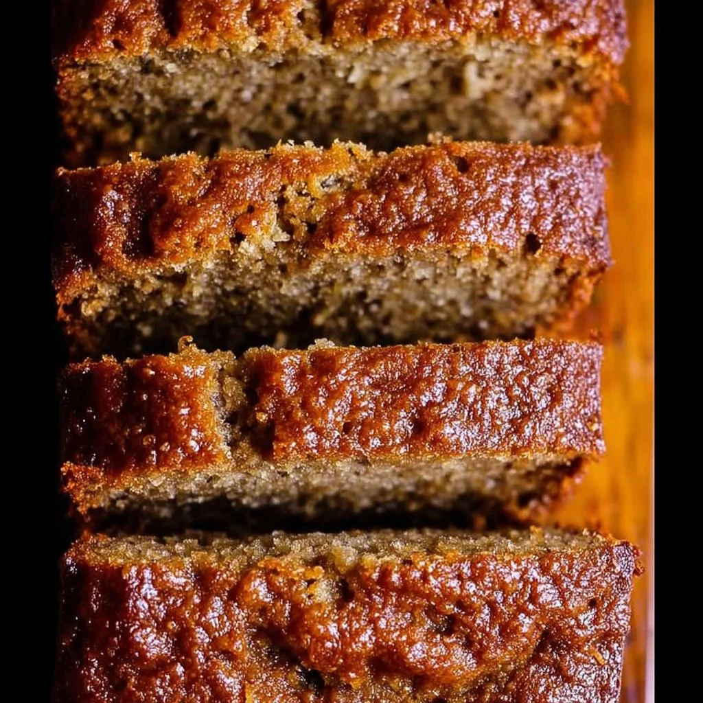 A slice of moist banana bread on a wooden board with bananas beside it.