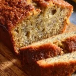 Moist banana bread made with 3 ripe bananas, displayed on a wooden table.